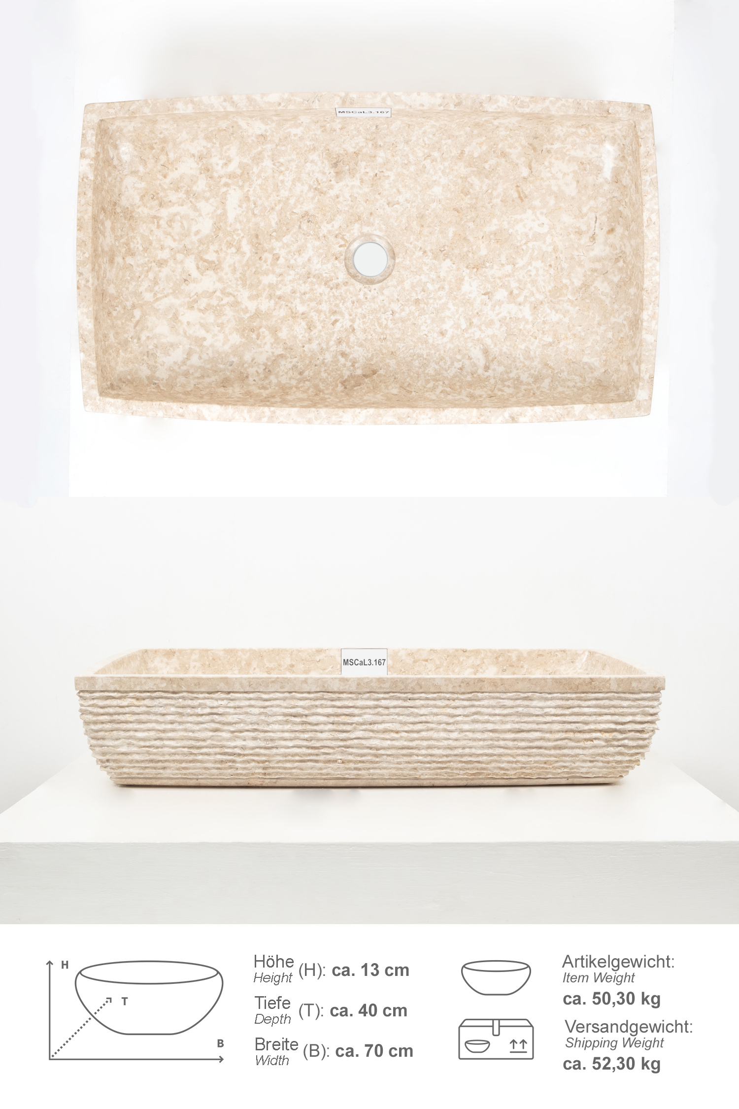 Marmor Waschbecken MARA 70 cm creme eckig gehämmert
MSCaL3.167