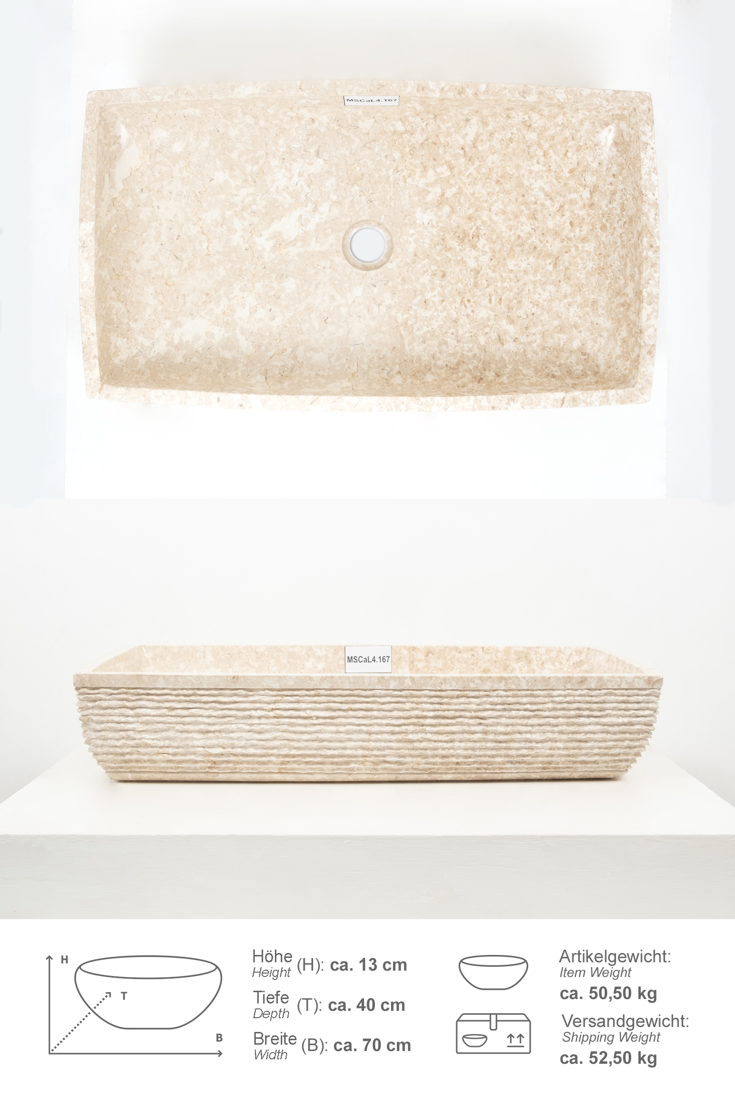 Marmor Waschbecken MARA 70 cm creme eckig gehämmert
MSCaL4.167