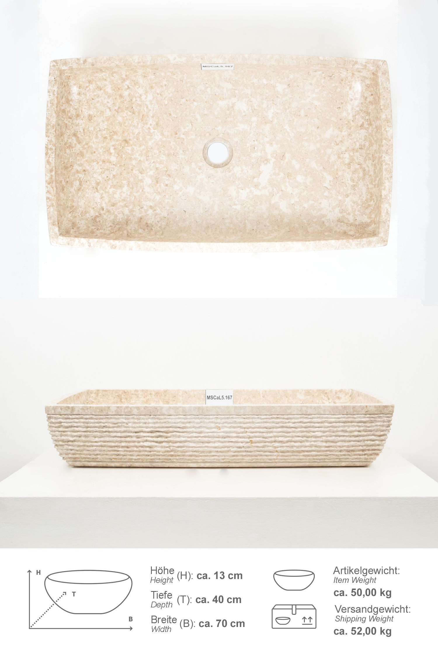 Marmor Waschbecken MARA 70 cm creme eckig gehämmert
MSCaL5.167