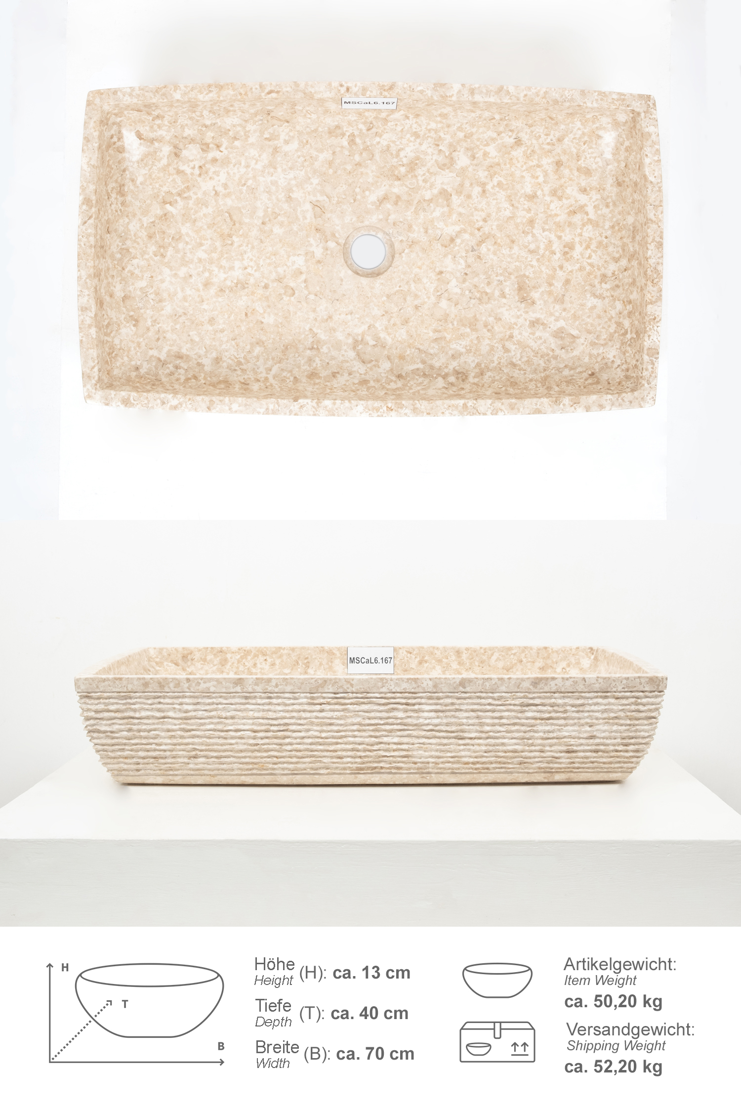 Marmor Waschbecken MARA 70 cm creme eckig gehämmert
MSCaL6.167