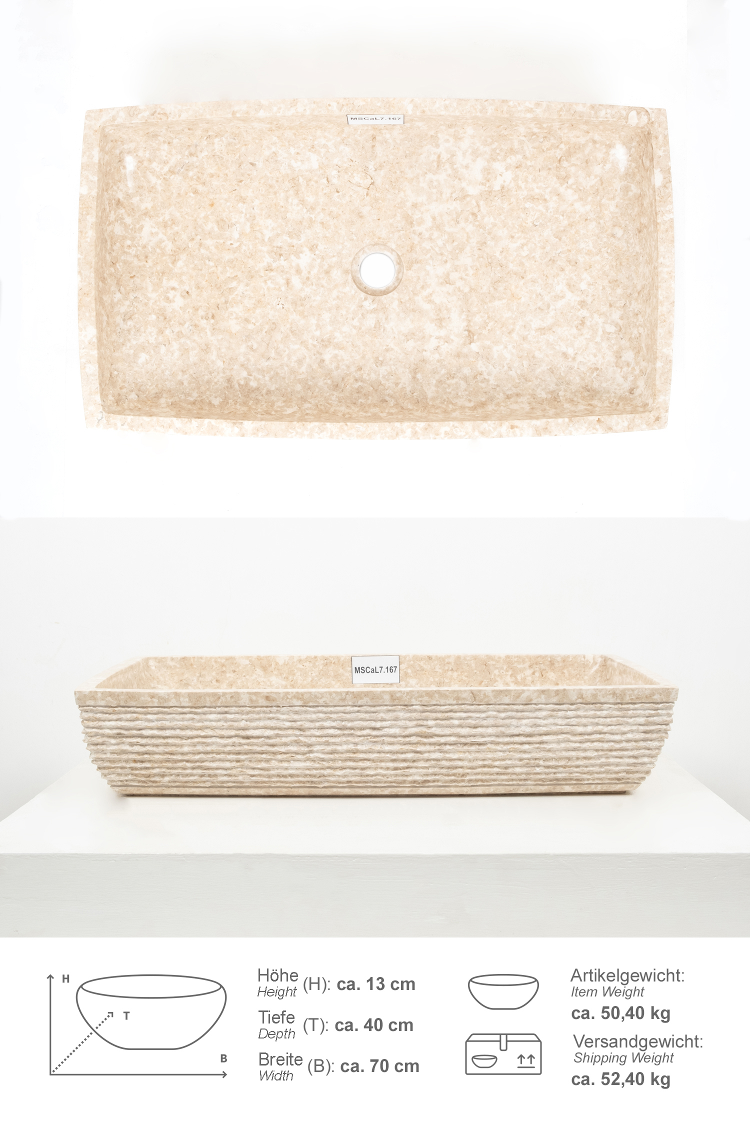 Marmor Waschbecken MARA 70 cm creme eckig gehämmert
MSCaL7.167