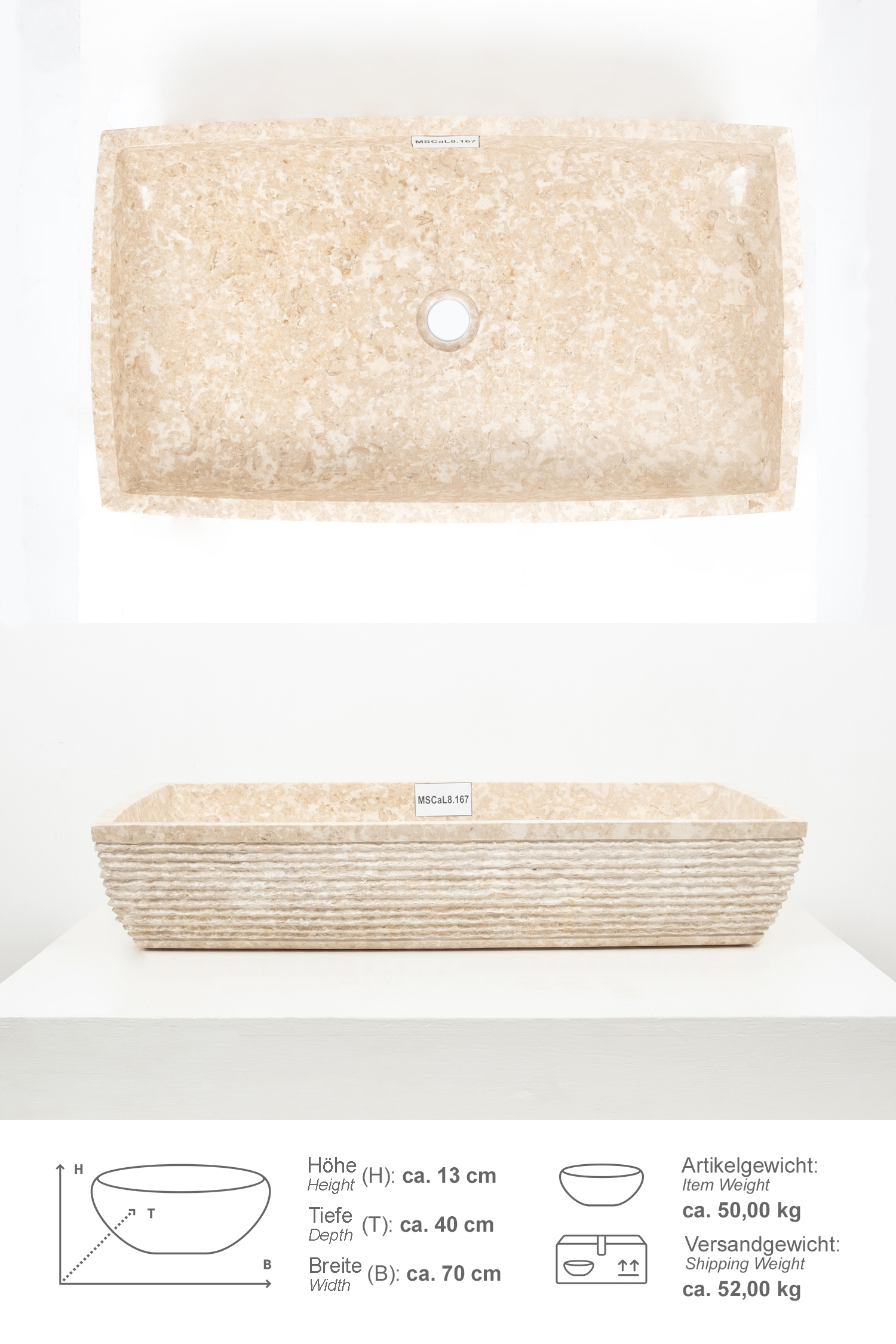 Marmor Waschbecken MARA 70 cm creme eckig gehämmert
MSCaL8.167