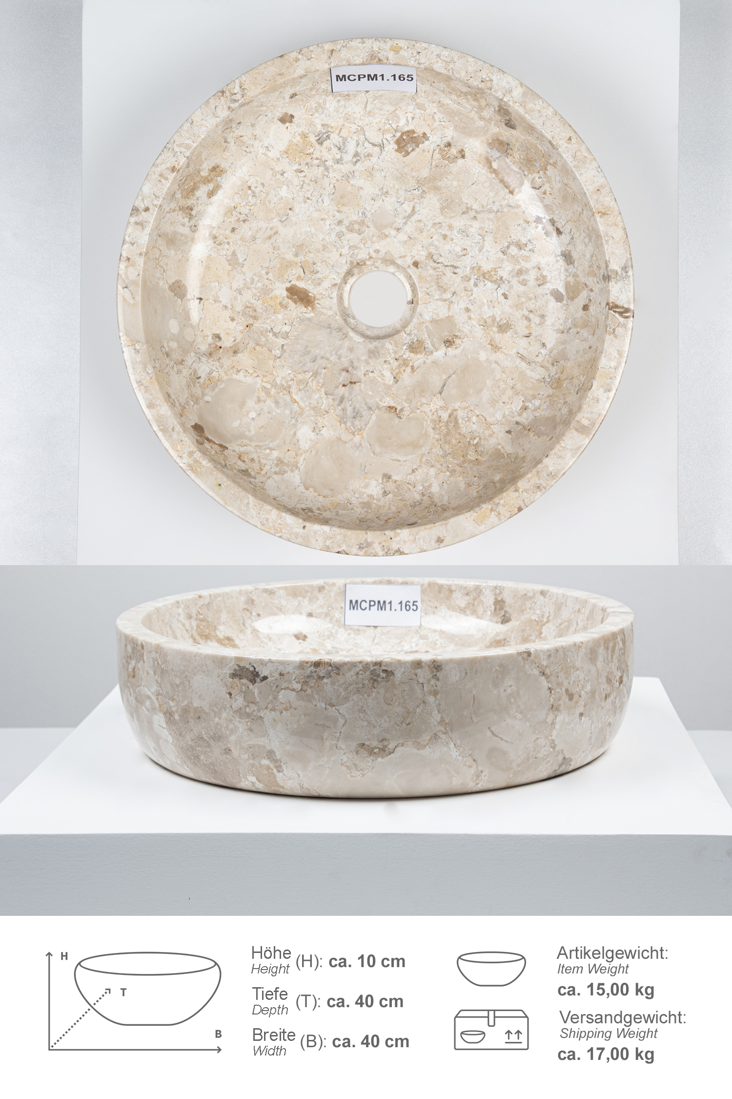 Marmor-Waschbecken MILO 40 cm creme MCPM1.165