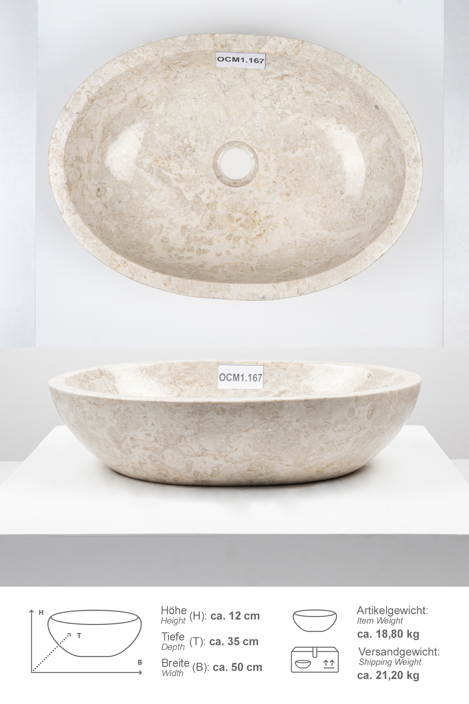Marmor-Waschbecken MARA oval poliert creme 50 cm OCM1.167