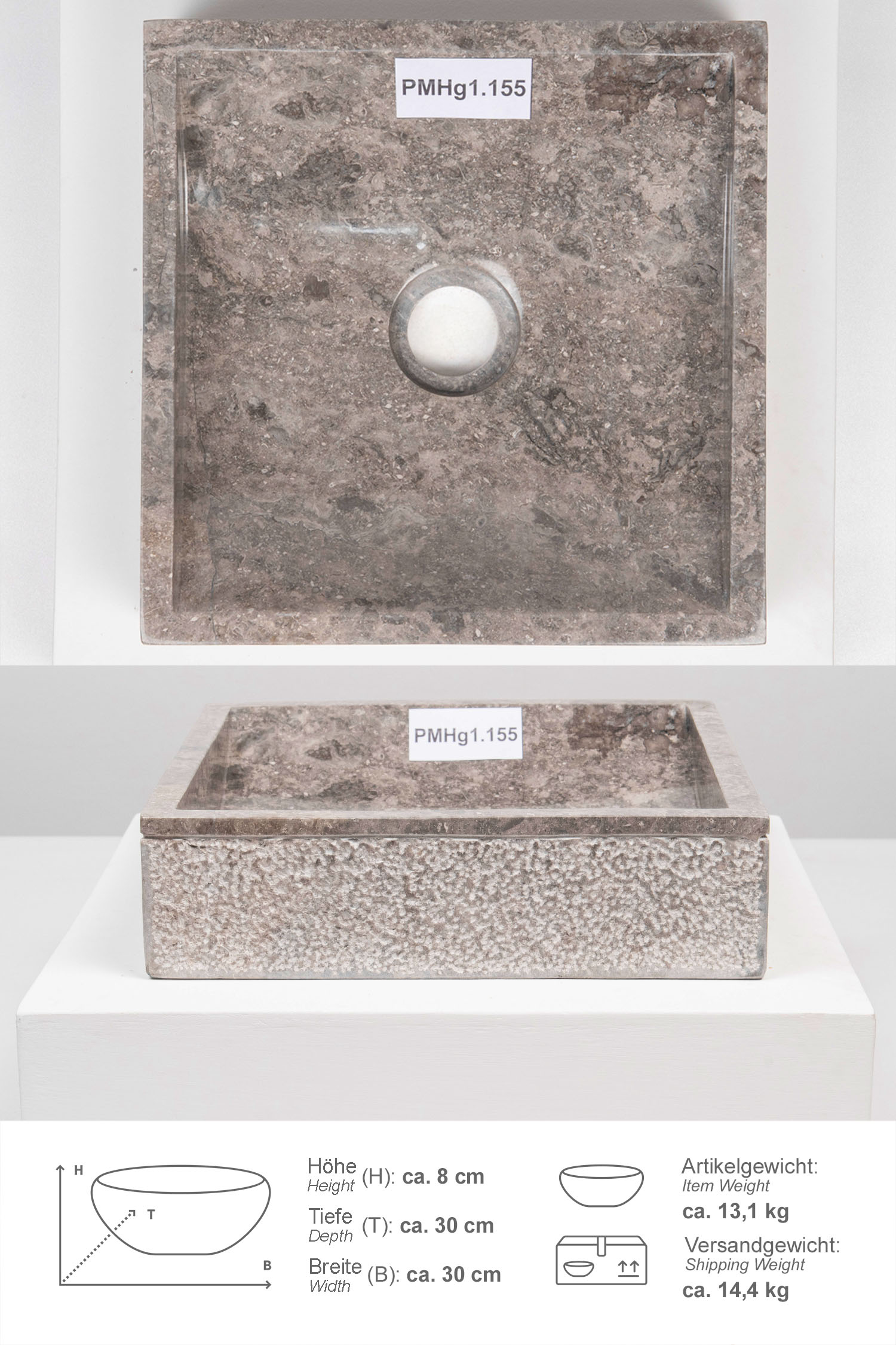 Marmor Steinwaschbecken MINI PERAHU 30 cm grau eckig
PMHg1.155