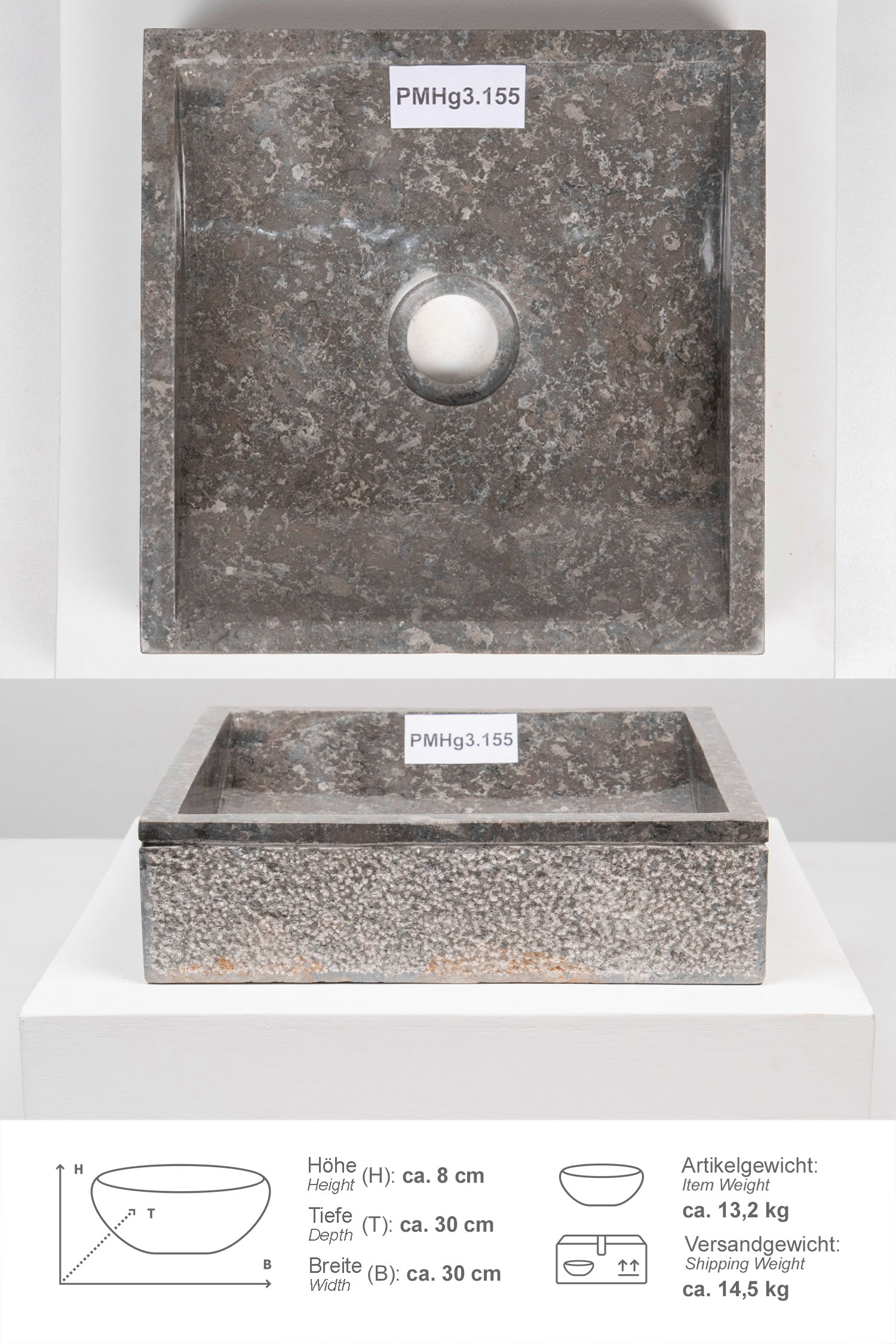 Marmor Steinwaschbecken MINI PERAHU 30 cm grau eckig
PMHg3.155
