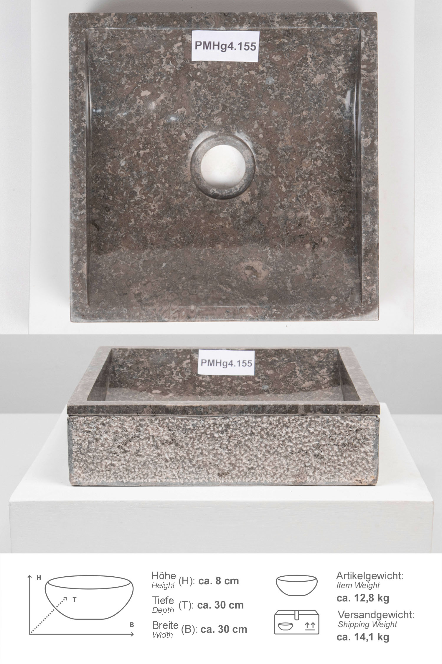 Marmor Steinwaschbecken MINI PERAHU 30 cm grau eckig
PMHg4.155