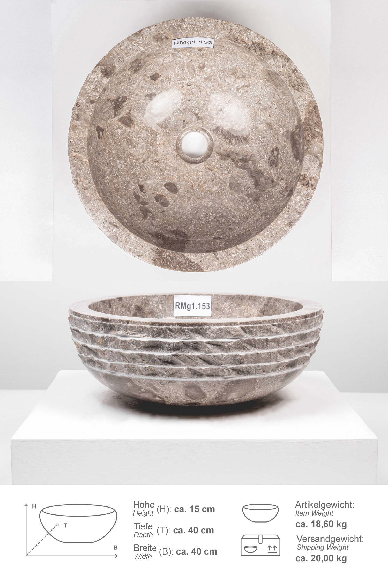 Marmor Waschbecken BASCOM ROWFISH 40 cm grau rund
RMg1.153