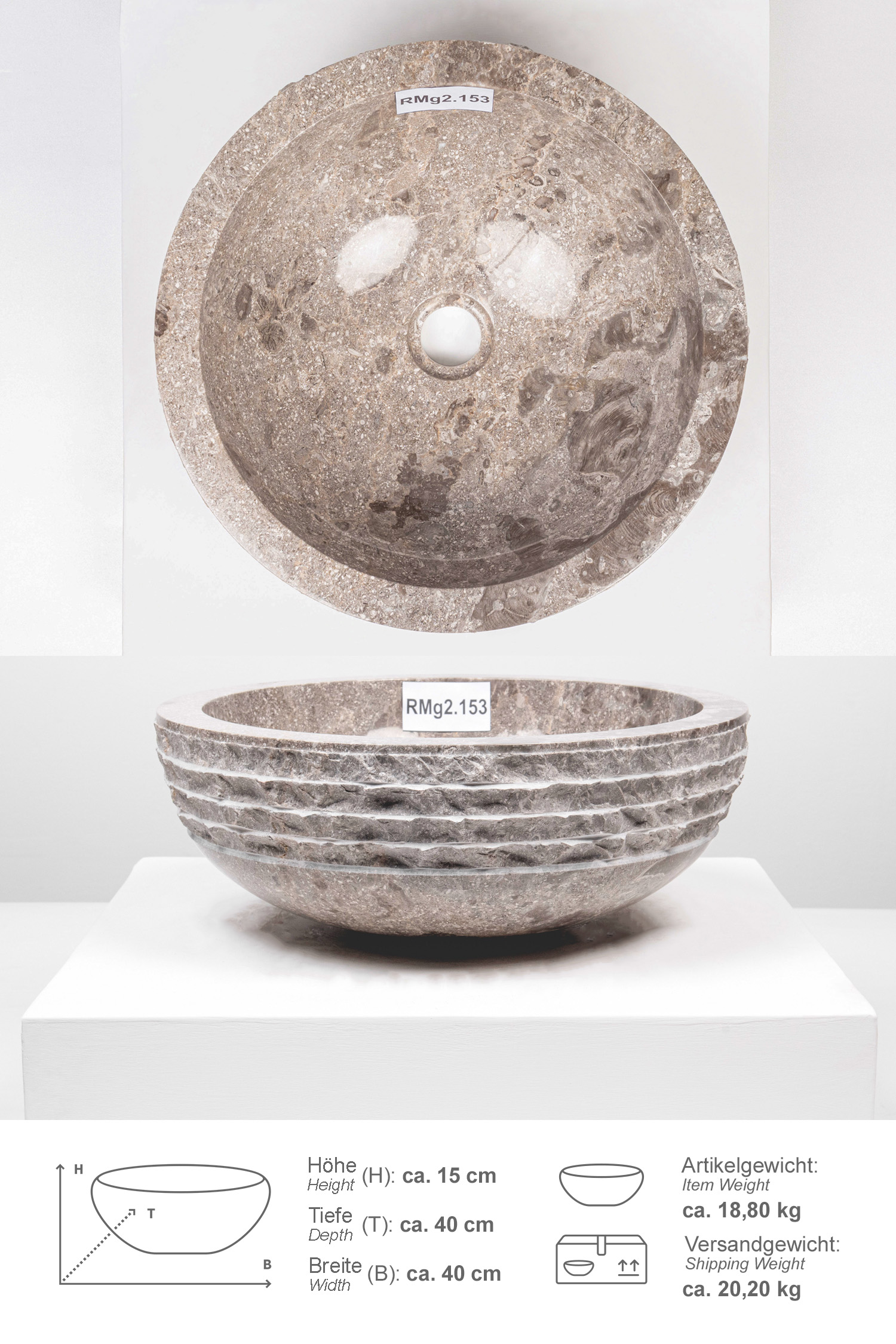 Marmor Waschbecken BASCOM ROWFISH 40 cm grau rund
RMg2.153