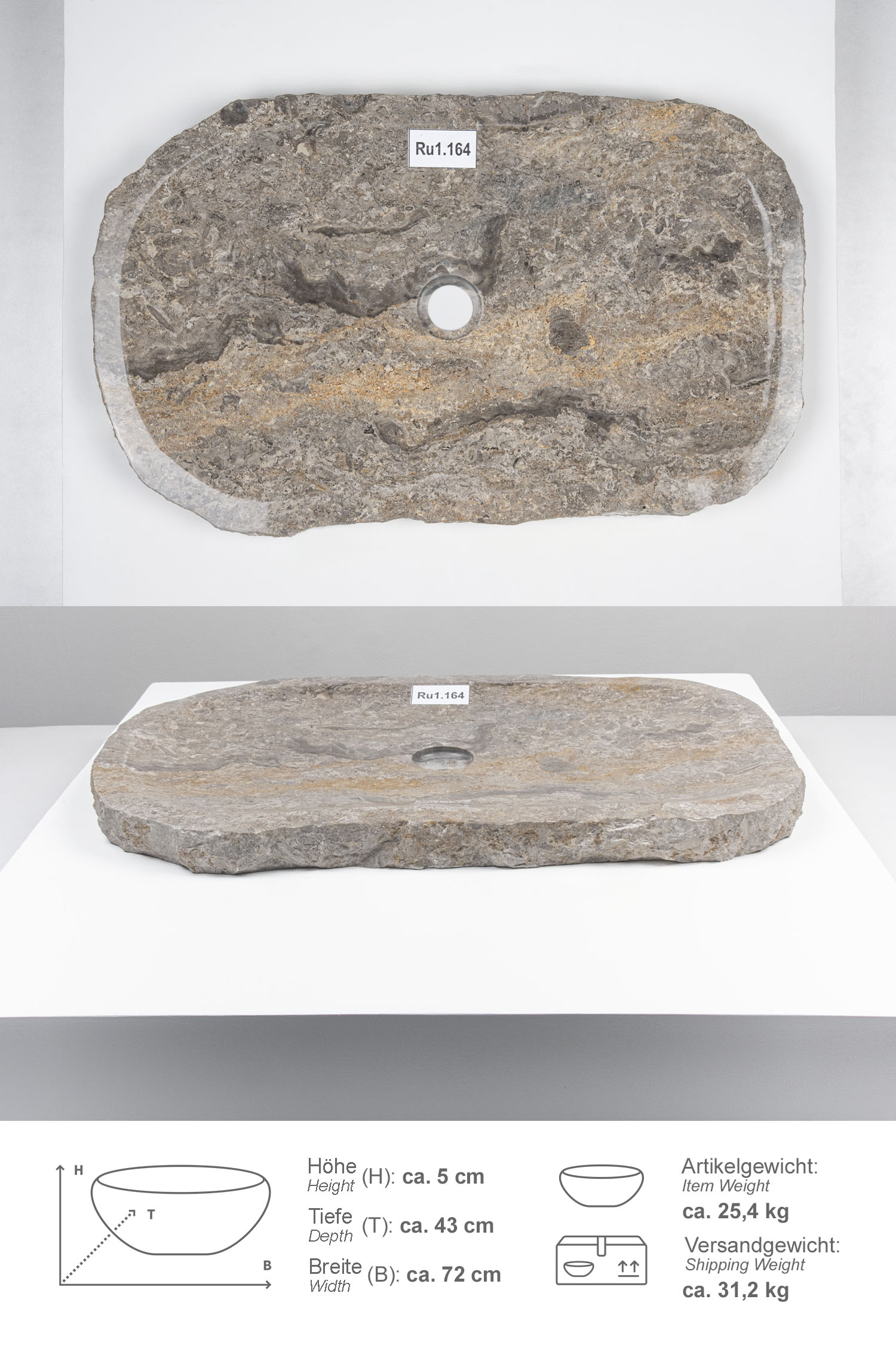 Erosi Marmor Waschbecken extraflach 70 cm grau Ru1.164