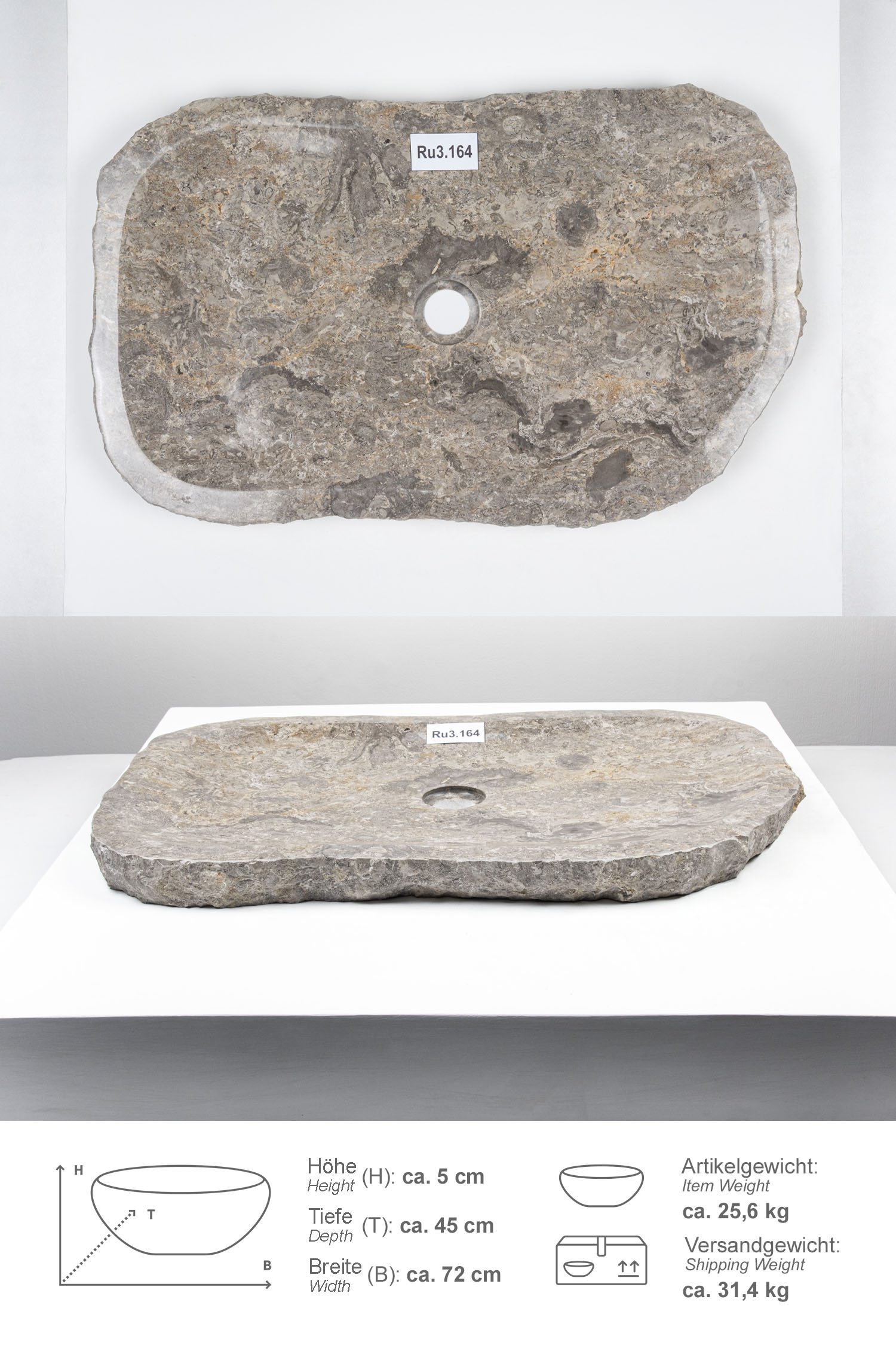 Erosi Marmor Waschbecken extraflach 70 cm grau
Ru3.164