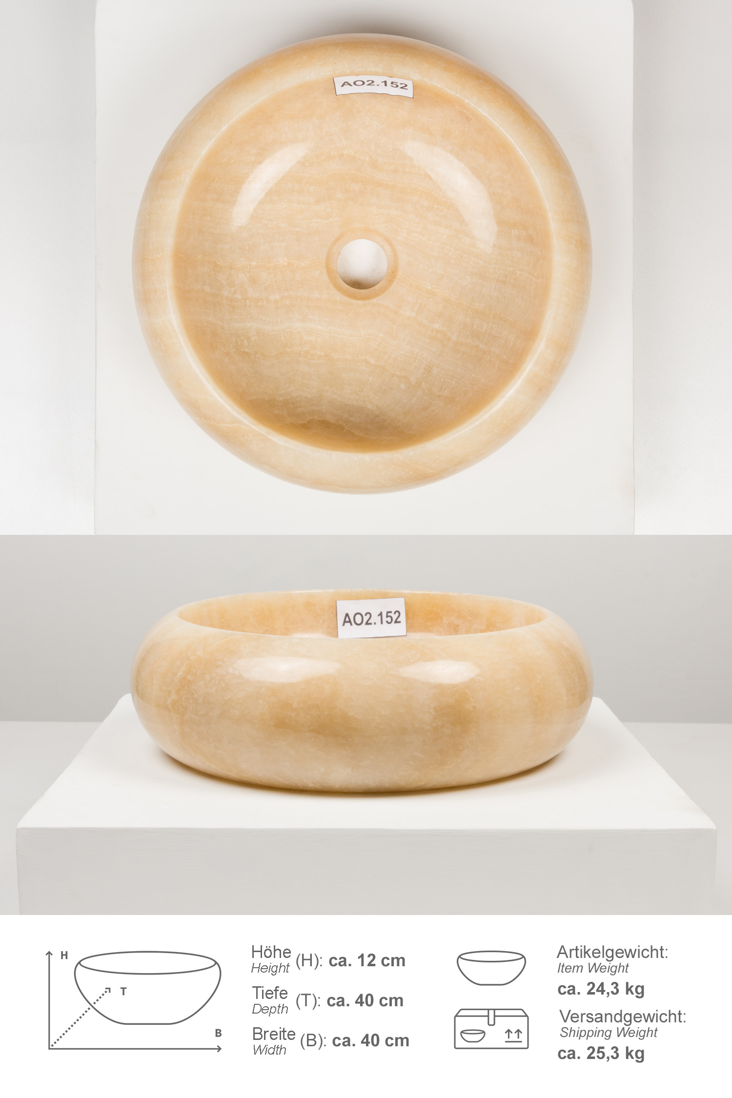 Onyxmarmor Waschbecken ASBAK 40 cm rund honigbraun
AO2.152